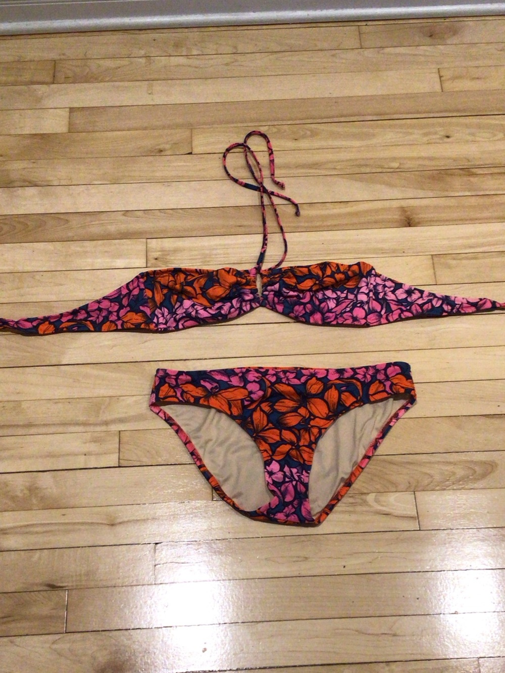 J. Crew Floral Bandeau Bikini Top in Pink & Orange